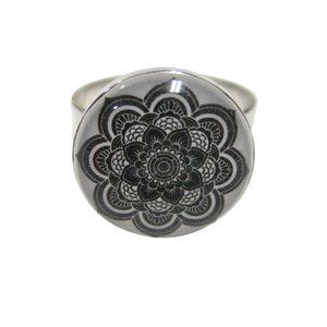Black and White Toned Mandala Design Adjustable Size Fashion Ring